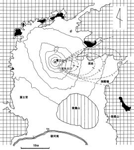 図2：1707年 宝永噴火による火山灰の堆積（厚さm）