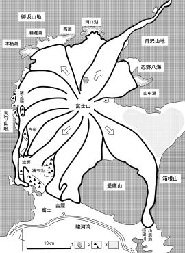 図1：約1万年前の富士山の大規模玄武岩溶岩流の分布と山麓の主な湧水