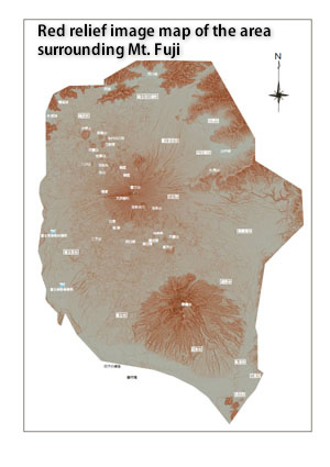 red relief image map around Mt. Fuji