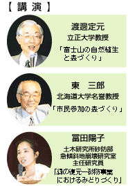 講師　上：渡邊定元 立正大学教授　中：東三郎 北海道大学名誉教授　下：冨田陽子 土木研究所砂防部 急傾斜地崩壊研究室 主任研究員