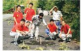 フジアザミの苗に水撒き
