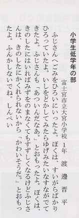タイトル：最優秀賞に輝いた作品。
小学校低学年の部、富士宮市立大宮小学校１年、渡邊晋平さんの手紙。ふじさんへごみをひろいにいったよ。
ぼくはすいがらばかりひろっていたよ。いしをどかしてみたらゆげみたいなすながでてきたよ。ふじさんも「あついんだなあ。」と
おもったよ。ぼくは、きのしたにはいればみずをのまなくてもすずしくなるけどふじさんは、きのしたにかくれられないから「かわい
そうだ。」とおもったよ。ふんかしないでね。しんぺい。