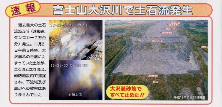 
タイトル：速報、富士山大沢川で土石流発生。
内容：過去最大の土石流３５万立方メートル（速報値、ダンプカー７万台分）発生。１１月２１日午前３時頃、大沢崩れの谷底にたまって
いた土砂が土石流になり流出。砂防施設内で捕捉され、下流域及び周辺への被害はありませんでした。写真：岩樋上流のCCTVカメラがとら
えた映像の１コマ。大沢遊砂地ですべて土石流を止めた航空写真