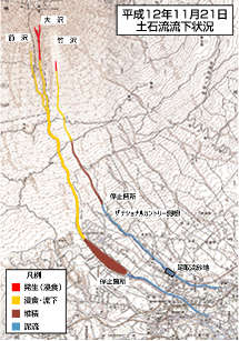 平成12年11月21日土石流流下状況の図