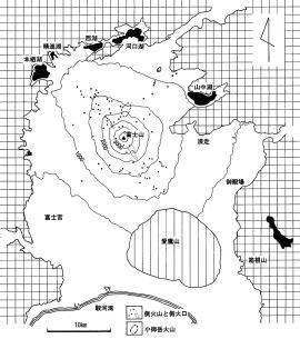 図1：富士山の地形的輪郭と側火山・側火口の分布