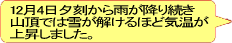 12月4日夕刻から雨が降り続き山頂では雪が解けるほど気温が上昇しました。