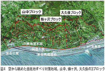 図4　空から眺めた由比地すべり対策地域。山中、蜂ヶ沢、大久保の3ブロック