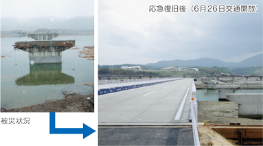 仮橋による応急復旧 国道45号小泉大橋