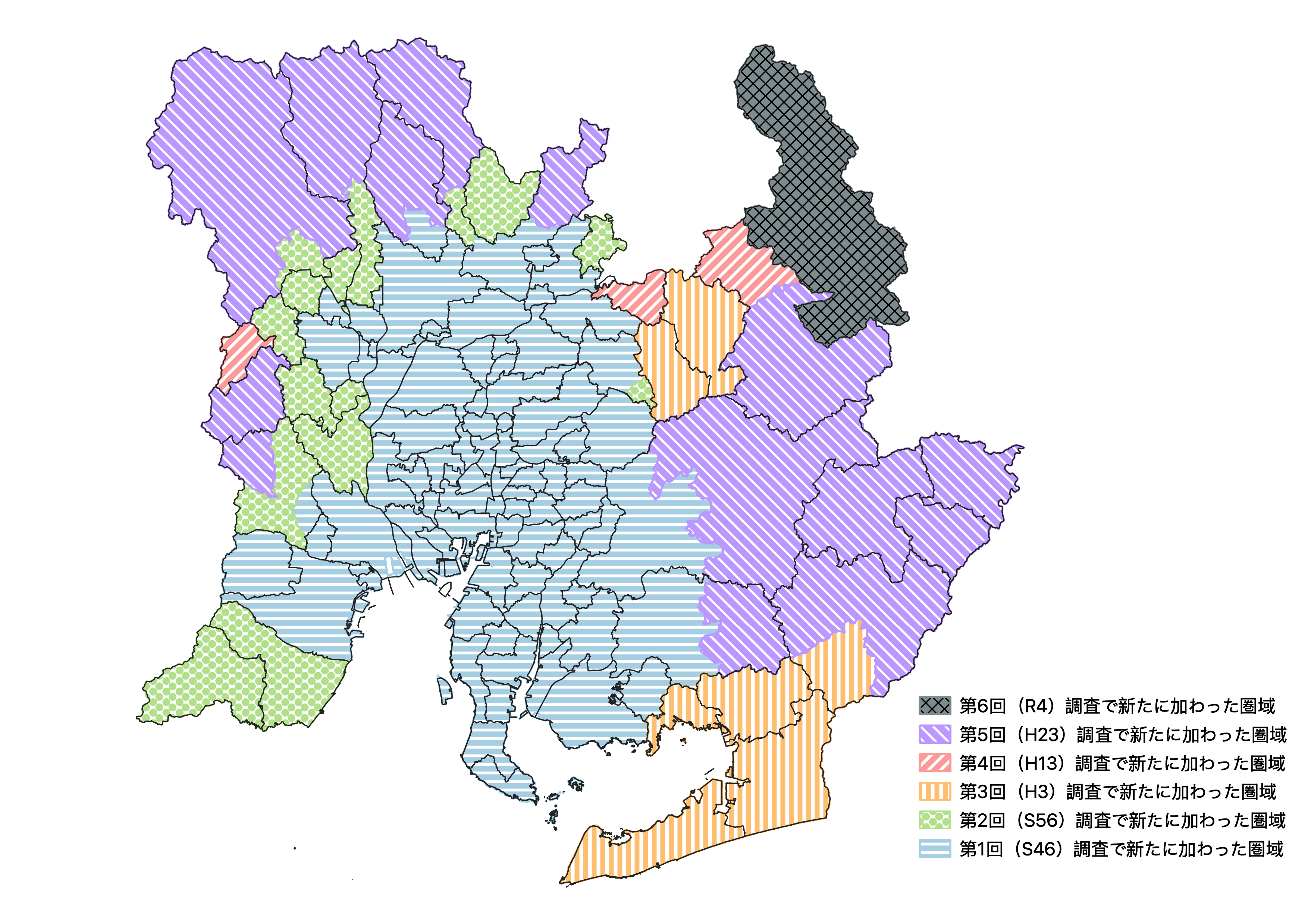 中京都市圏の圏域図（第1回〜第6回）