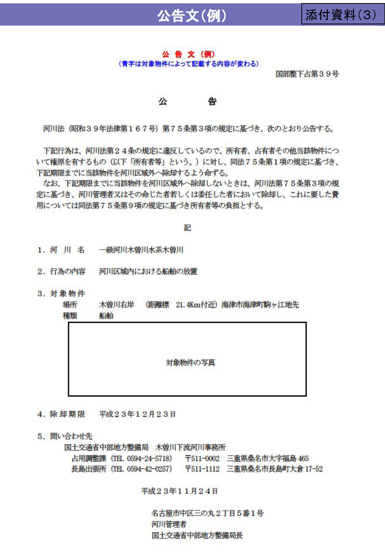 添付資料(3)公告文(例）