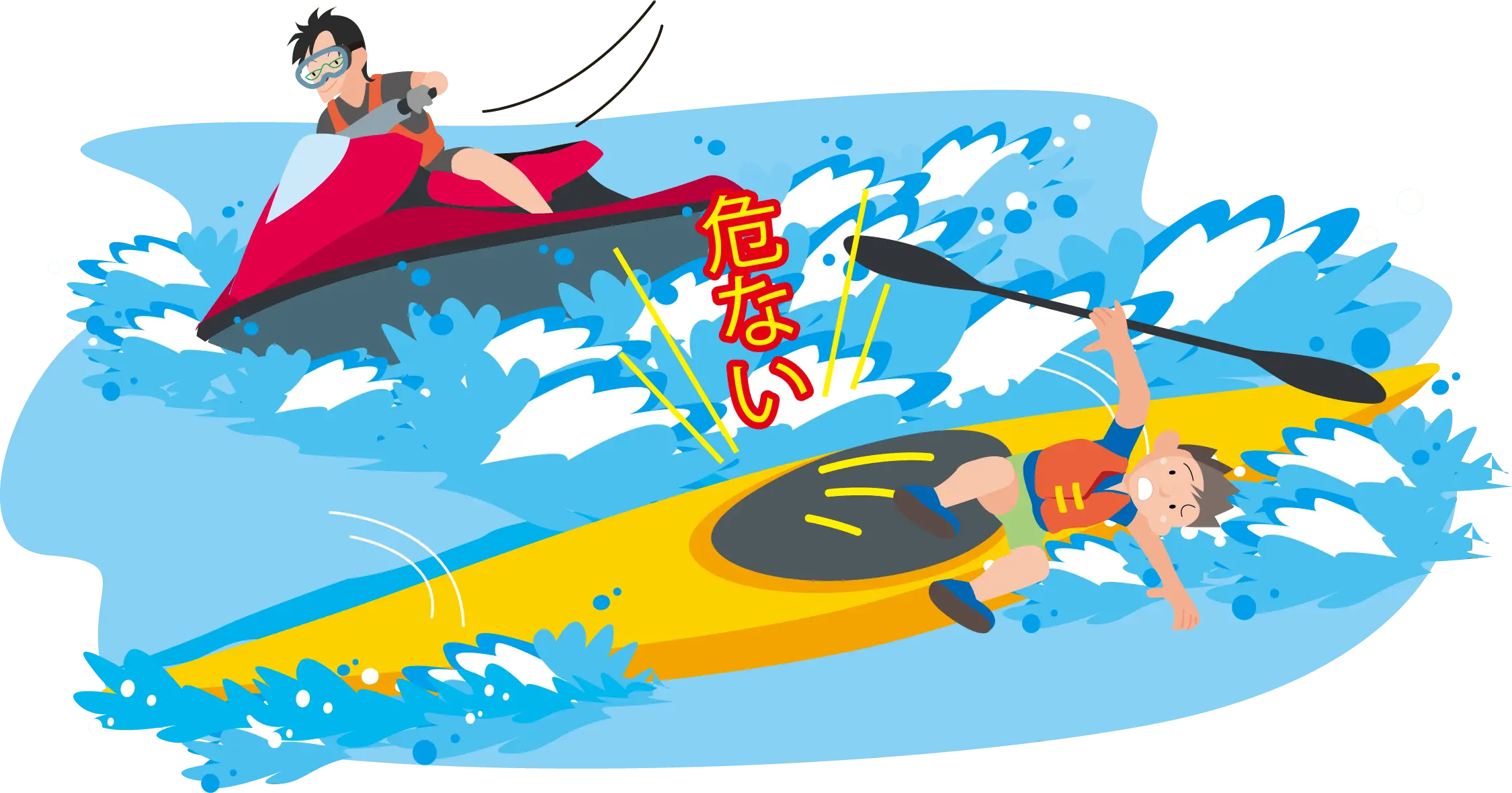 ジェットスキーの接近でカヤックが転覆しそうな危険な場面