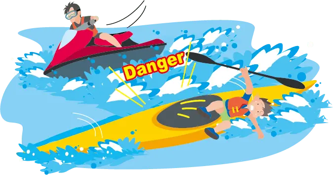 A dangerous situation where a kayak is about to capsize due to a jet ski approaching too closely