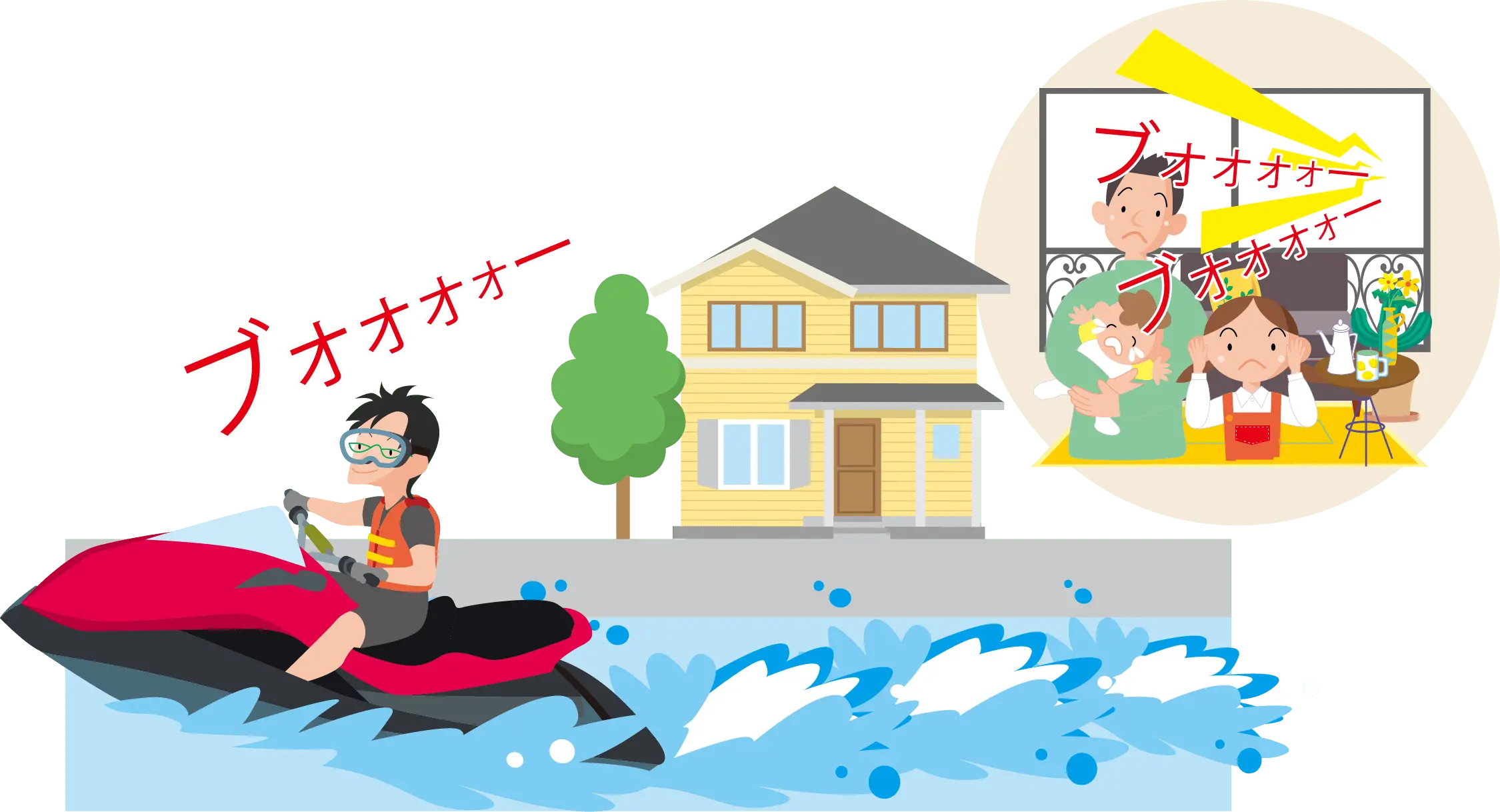 ジェットスキーの騒音で住民が迷惑しているイラスト