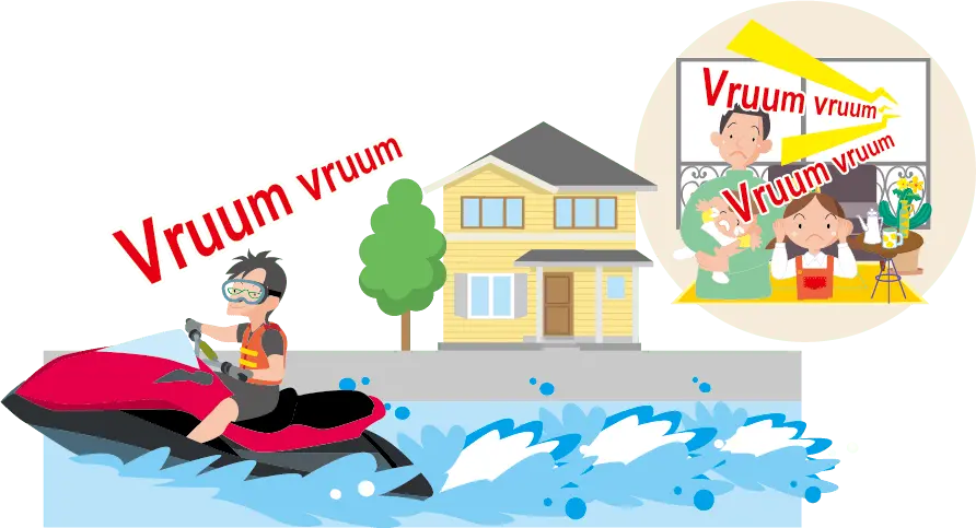ジェットスキーの騒音で住民が迷惑しているイラスト
