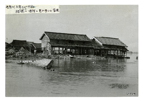 長島町白鷺の揖斐川左岸0.6k付近の破堤した堤防と家屋