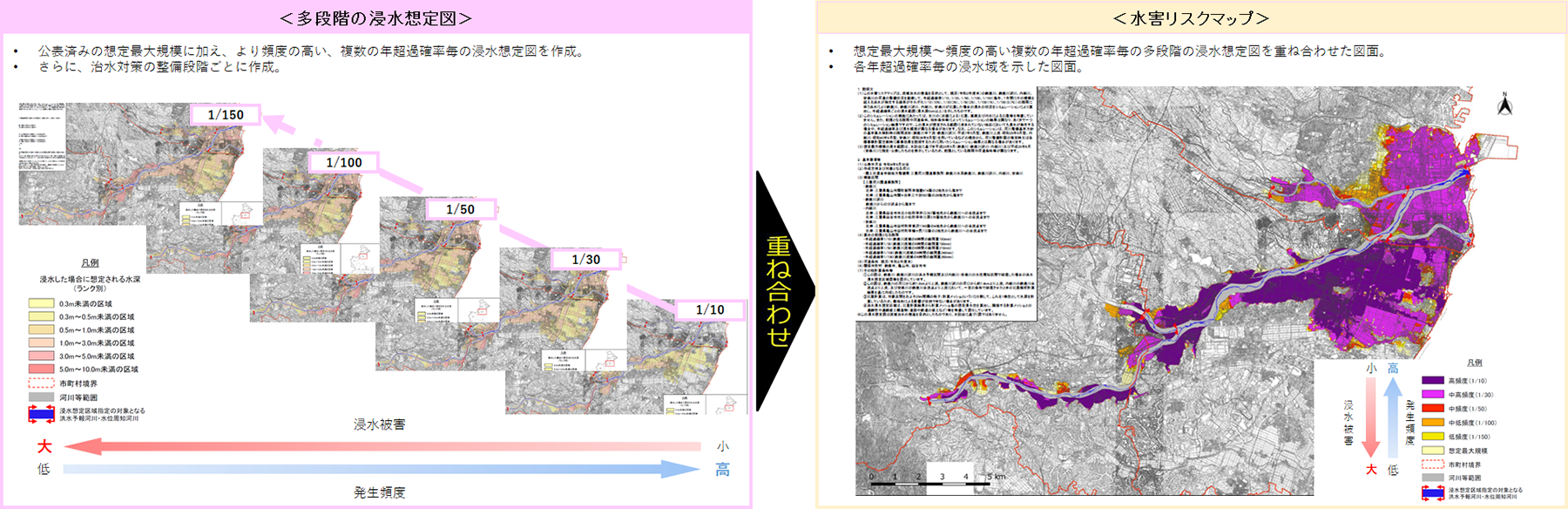 多段階の浸水想定図と水害リスクマップ