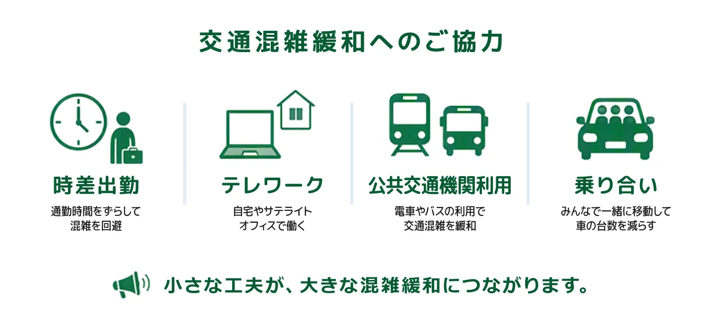 小さな工夫が、大きな混雑緩和につながります。交通混雑緩和へのご協力お願いします。