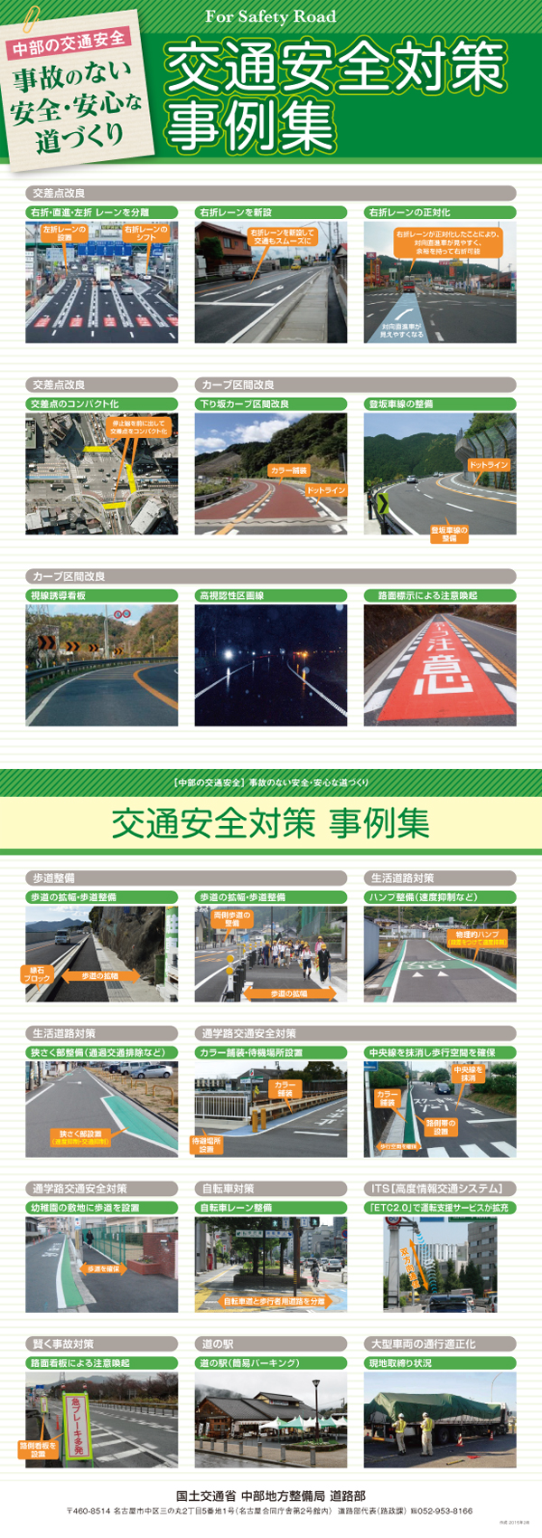 交通安全対策事例集 交差点改良,カーブ区間改良,歩道整備,生活道路対策,通学路交通安全対策,自転車対策,ITS,賢く事故対策,道の駅,大型車両の通行適正化