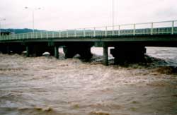 平成11年6月出水　梅雨前線、上流部で床上浸水31棟　土岐津橋を下流より望む