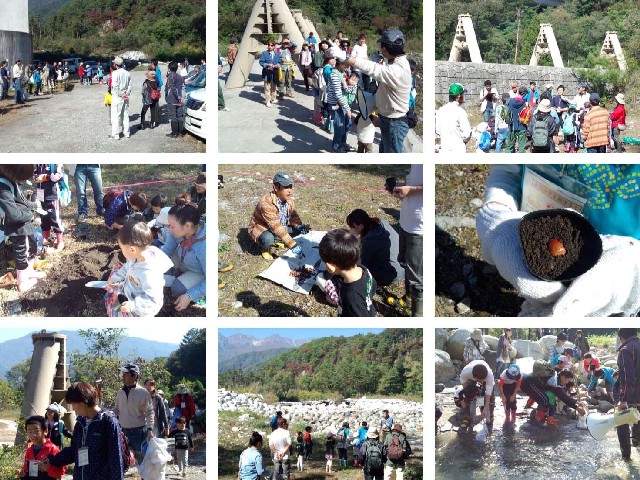 紅葉の与田切川に集う皆さん