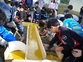 川にみたてた模型に砂を敷き詰めて準備