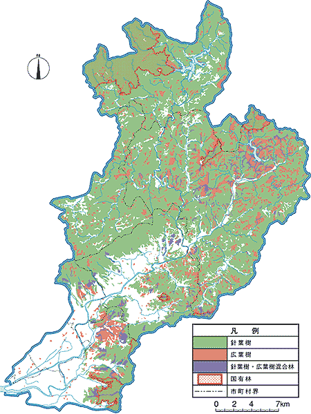 図-3.3.1 豊川流域内の森林樹種と所有者